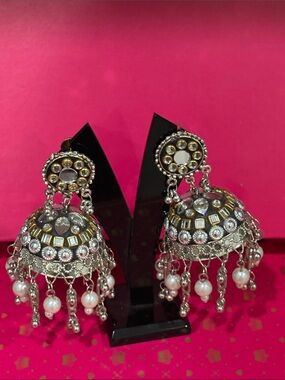 Statement Silver-Tone Jhumka Earrings with White Pearls